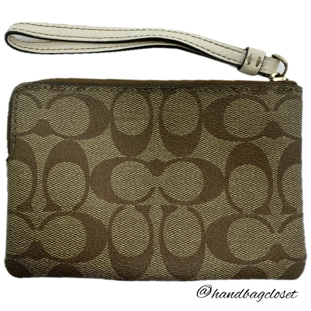Coach Corner Zip Wristlet In Signature Canvas Color: Gold/KHAKI/CHALK